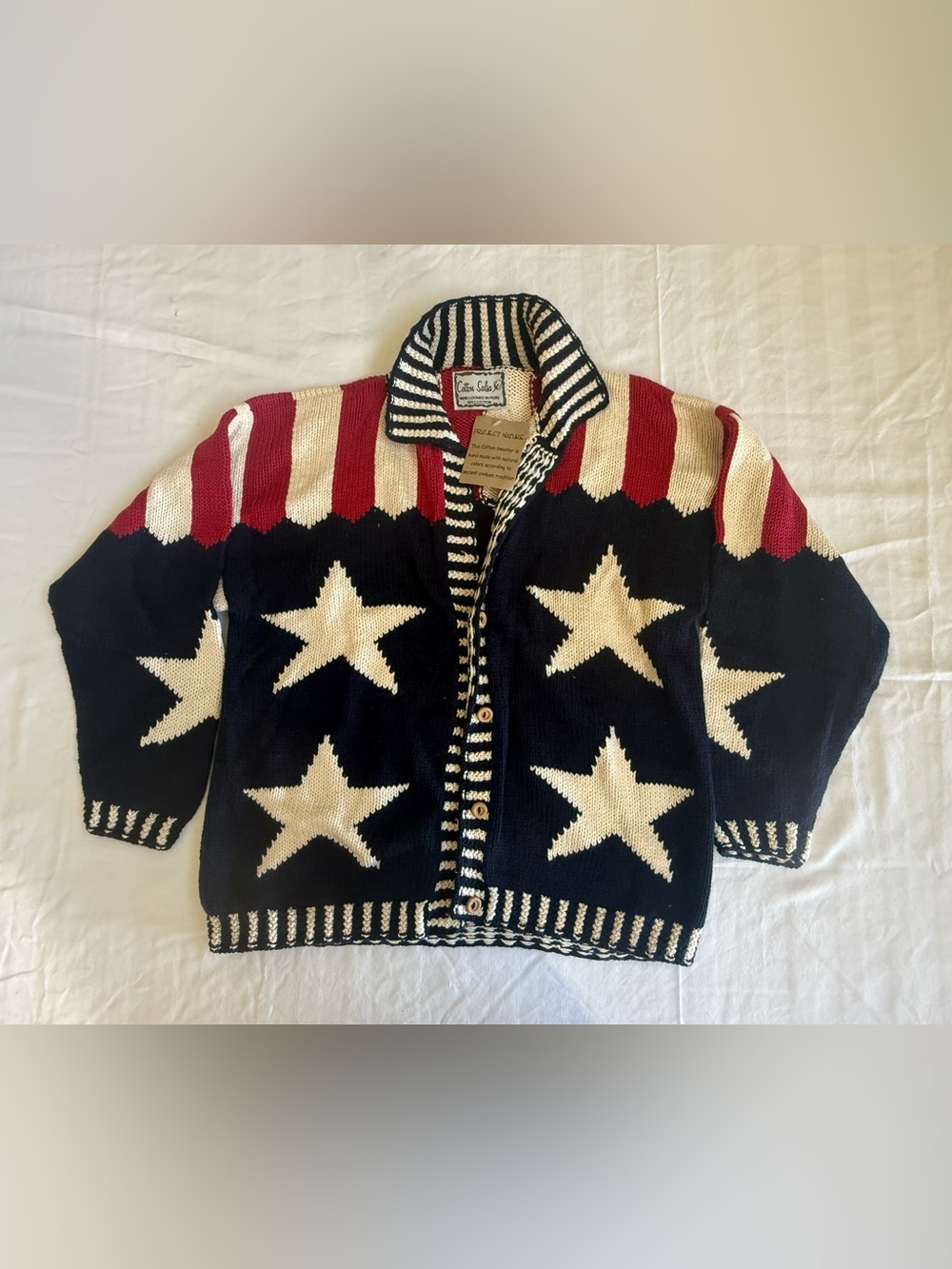 NWT Vintage Cotton Salsa Patriotic Star Cardigan Sweater Hand Loomed Peru Size M